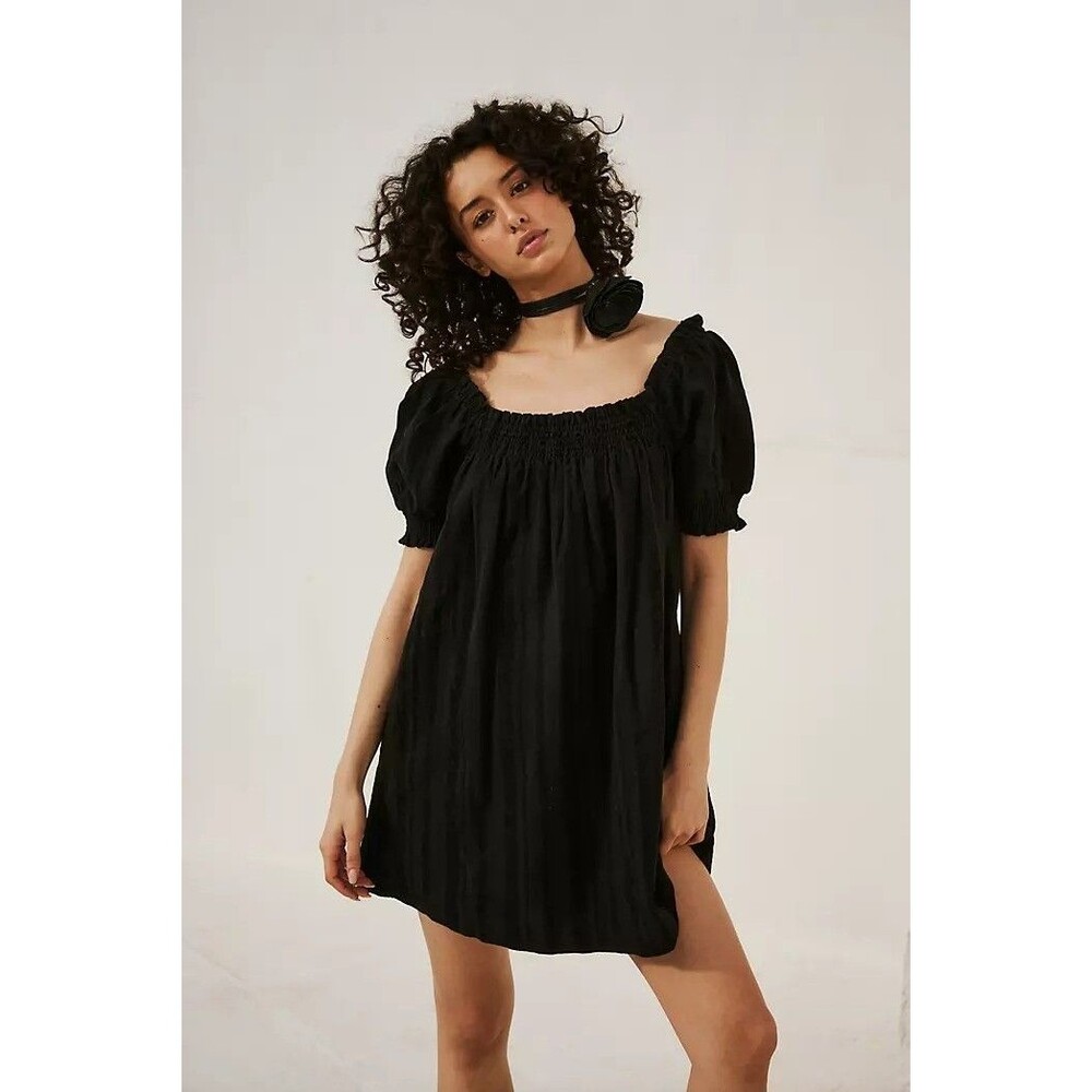 Free People Free-Est Mila Mini Dress Shift Stripe Print Black Smocked M 285471